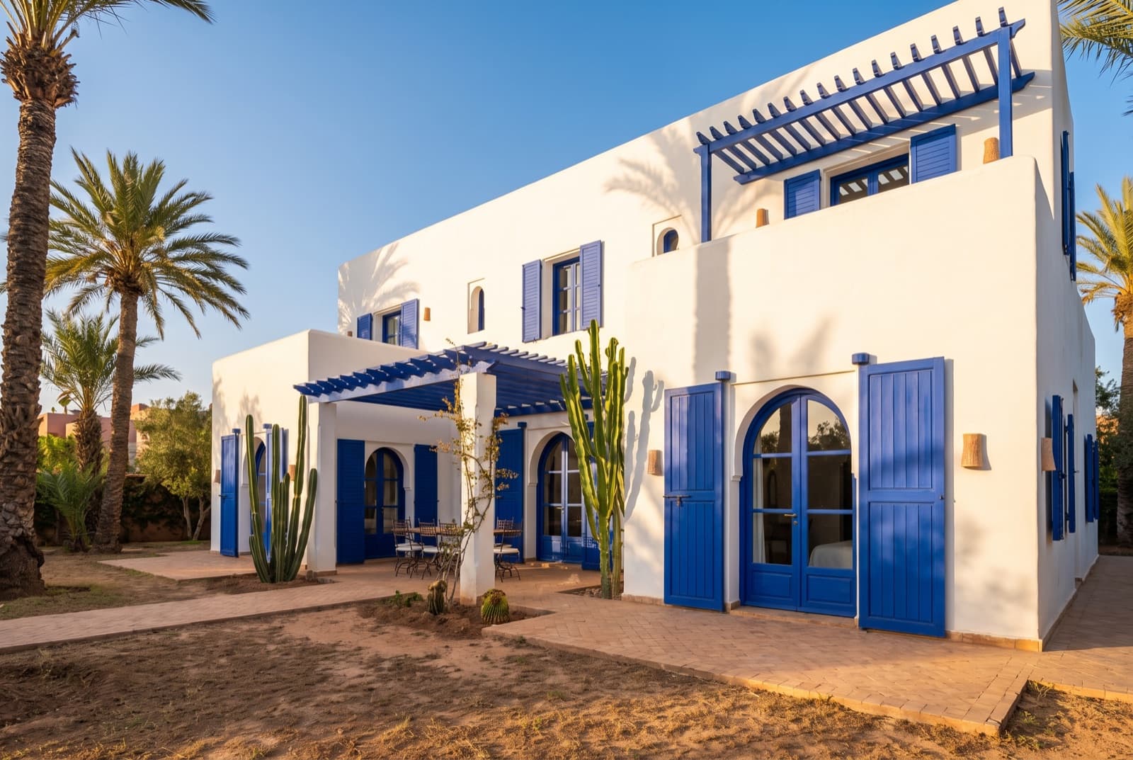 Façade blanche rehaussée de bleu Majorelle, esprit jardin d'artiste