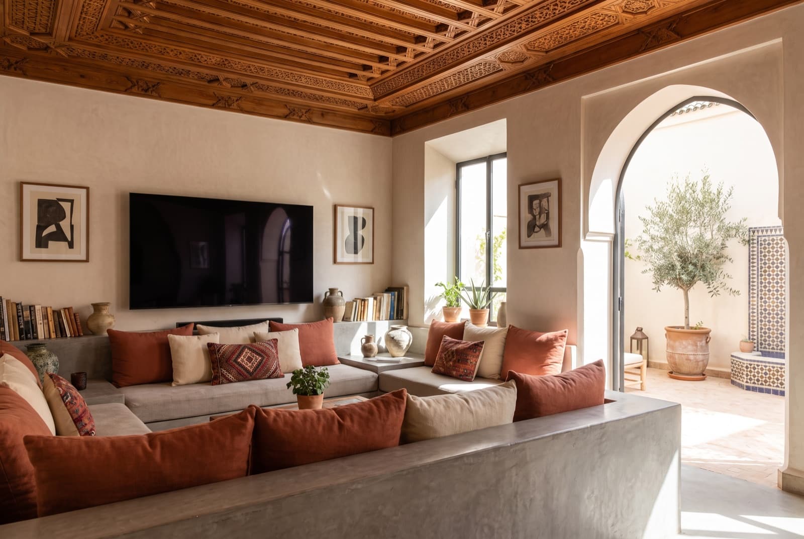 Salon marocain contemporain, plafond de cèdre sculpté
