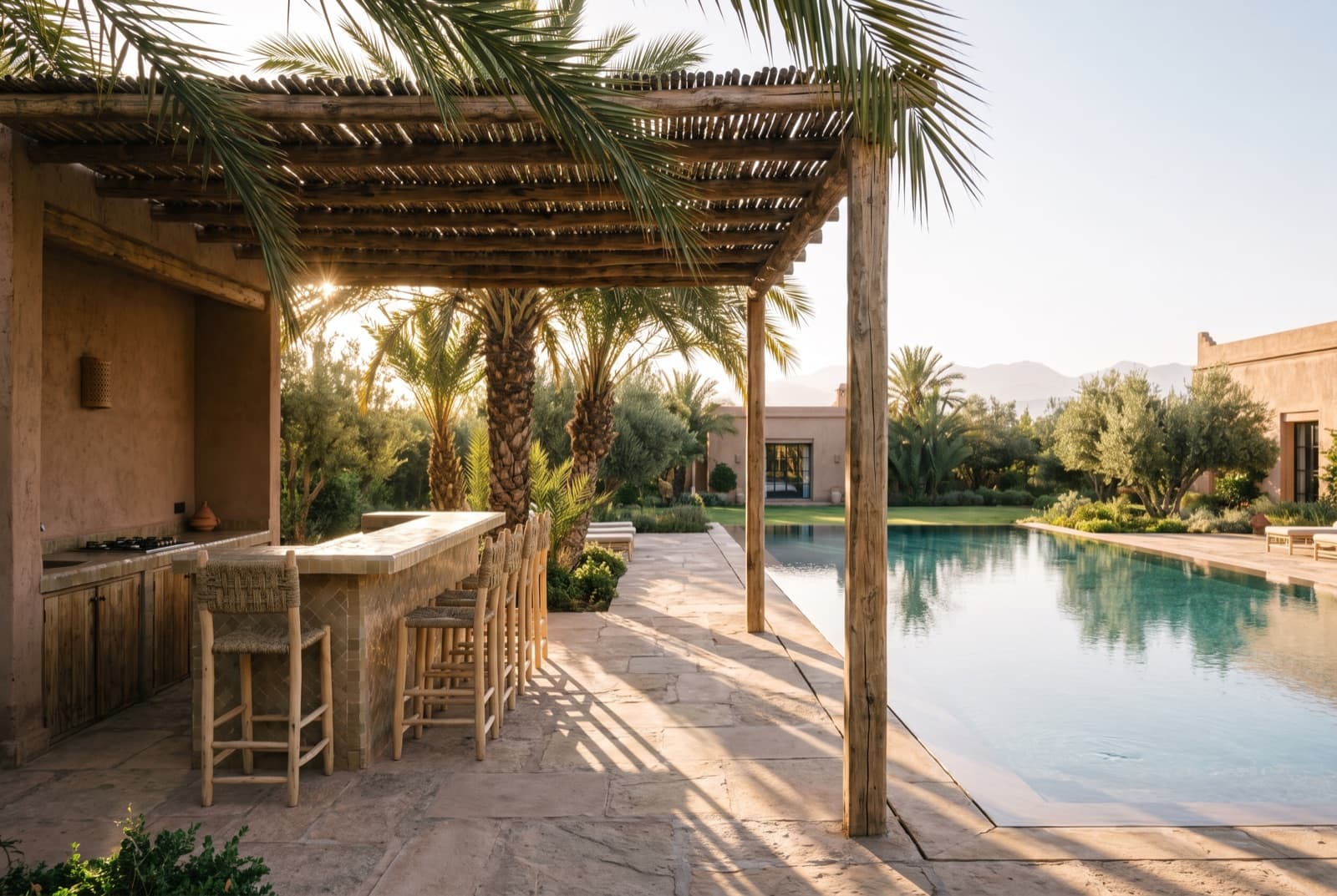 Kiosque et cuisine d'été : pool-house couvert en bout de bassin