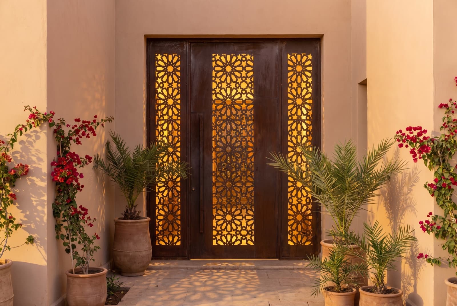 Porte d'acier au motif marocain ajouré, jeux d'ombres au seuil