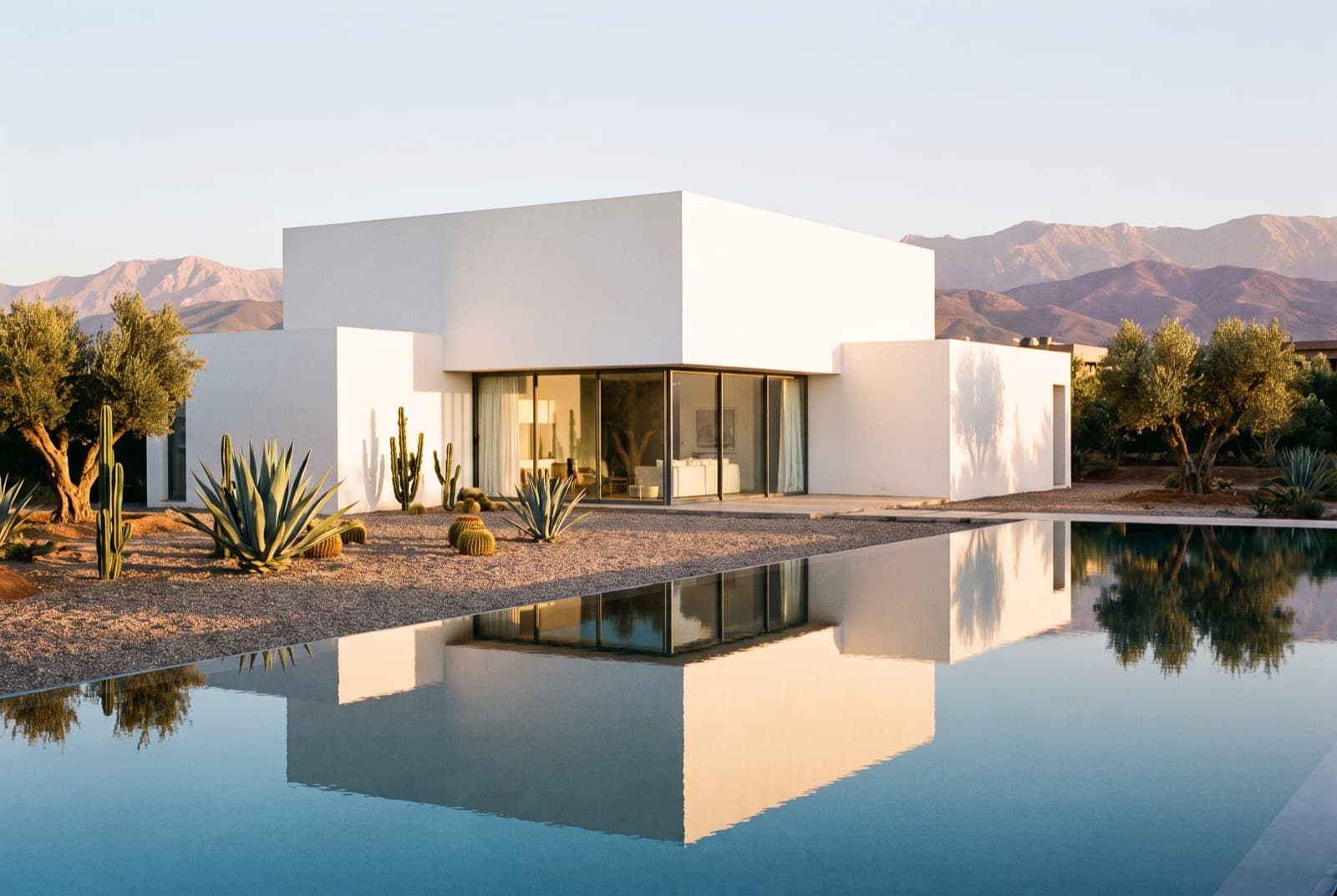 Villa contemporaine : volumes blancs nets, casquettes filantes, piscine miroir