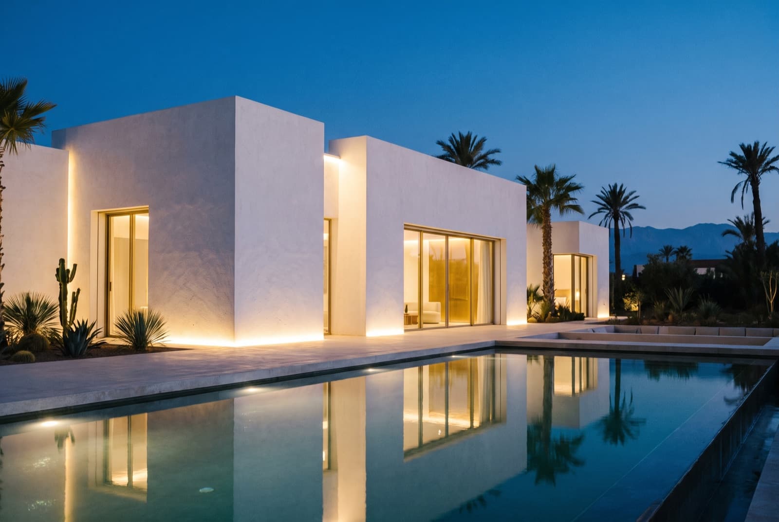 Villa contemporaine : volumes blancs nets, casquettes filantes, piscine miroir (vue 2)