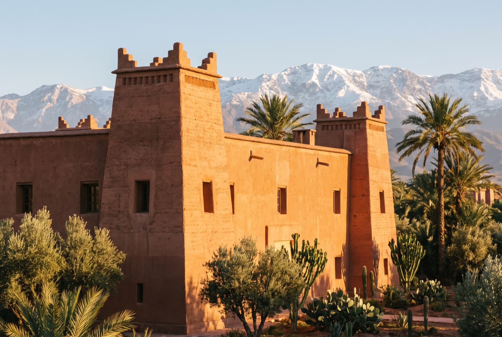 Kasbah contemporaine : pisé ocre, murs épais et tours face à l'Atlas