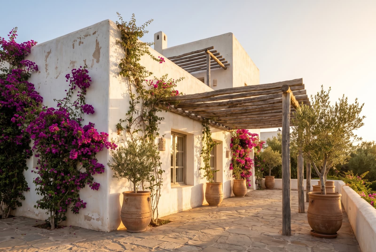 Façades chaulées, pergolas de bois clair et bougainvilliers en cascade