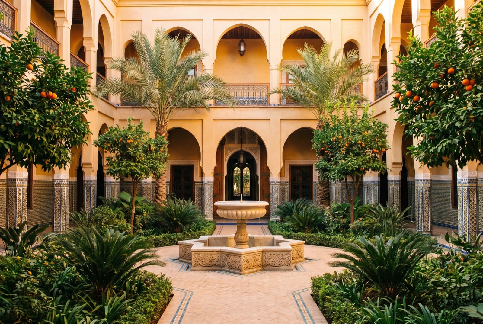 Néo-riad vu du jardin : arcs outrepassés, moucharabiehs et bassin (vue 3)